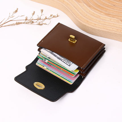 New Stylish Multi-Compartment Lock Buckle Card Holder Versatile Retro Mini Coin Purse Solid Color Trendy Women's Leather Wallet