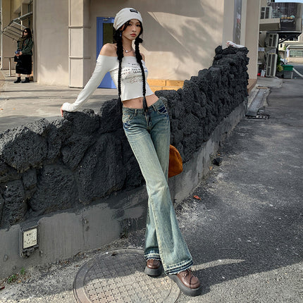 Vintage Micro-La Jeans Women's 2025 New Washed Nostalgic Spice Girls Low Waist Slim-Fit Slimming Horn Mop Pants