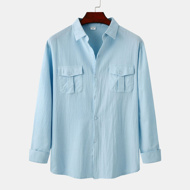 Cross-border foreign trade wholesale 2024 new autumn and winter men's cotton and linen solid color double pocket design men's long sleeve shirt men
