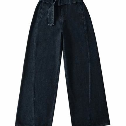American Retro Wide-Leg Jeans Spring New High-Waist Belt Loose Slimming Look Casual Straight Pants Floor-Length Pants