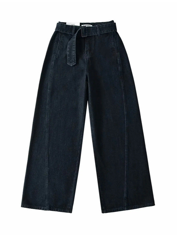 American Retro Wide-Leg Jeans Spring New High-Waist Belt Loose Slimming Look Casual Straight Pants Floor-Length Pants
