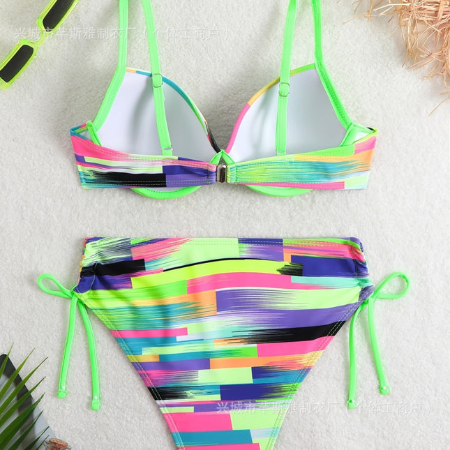 2025 New Model Rainbow Striped Bikini with Hard Cups and Underwire, Fluorescent Green Sports Swimsuit Set for Women, Beachwear