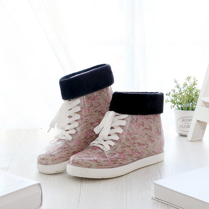 Japanese-Style Fashionable Student Lace-Up Rain Boots for Women, Short Water Shoes with Fleece Lining for Warmth, Slip-On Rain Boots, Waterproof Rubber Shoes, Lightweight