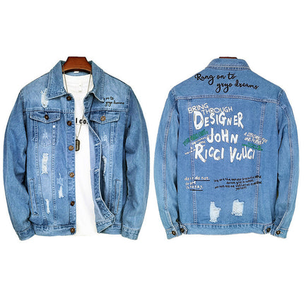 LAZADA New Foreign Trade Men's Jacket Spring and Autumn light blue Fashion Men's Slim-fit Printed Ripped Denim Jacket for Men