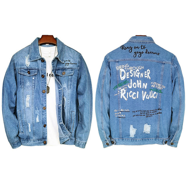 LAZADA New Foreign Trade Men's Jacket Spring and Autumn light blue Fashion Men's Slim-fit Printed Ripped Denim Jacket for Men