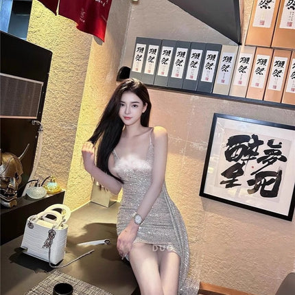 French Style Sexy 2025 Summer Low-cut High-end Temperament Goddess dress Sequin Strap KTV Belle Evening Dress