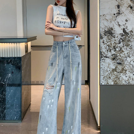 2025 New Light Blue Ripped Jeans for Women Summer Thin High Waist Loose Wide Leg Straight Floor Mopping Pants