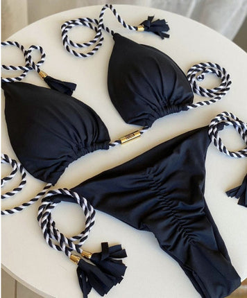 European and American 2025 Spot New Fashion Split Pure Color Bikini Bikini Swimsuit Sexy Lace-Up Halter Swimsuit