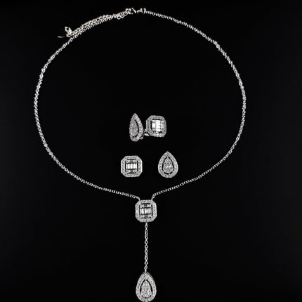 Amazon Fashion Cross-border New Square Long Zircon Earrings Ring Necklace Jewelry Three-piece Set j6138
