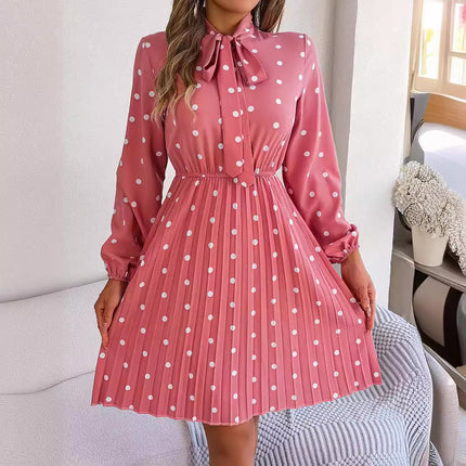 Real Shot of 2026 Spring/Summer European and American Style Polka Dot Tie-Waist Long-Sleeve Pleated Dress Amazon Cross-Border Women's Fashion