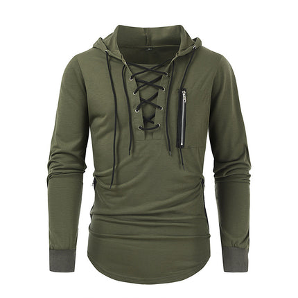 2025 Men's Spring and Autumn Hoodie Solid Color Lace-Up Zipper Pocket Sports Streetwear Hooded Sweatshirt