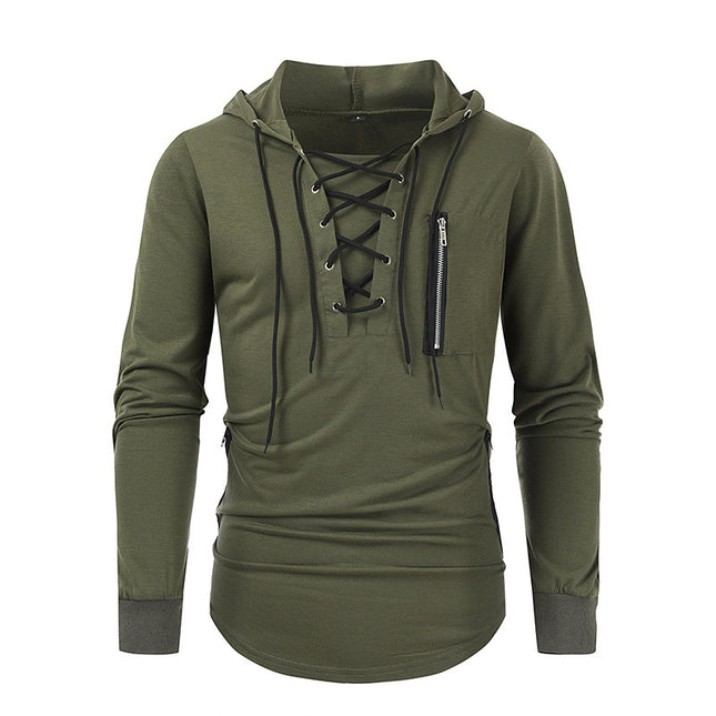 2025 Men's Spring and Autumn Hoodie Solid Color Lace-Up Zipper Pocket Sports Streetwear Hooded Sweatshirt