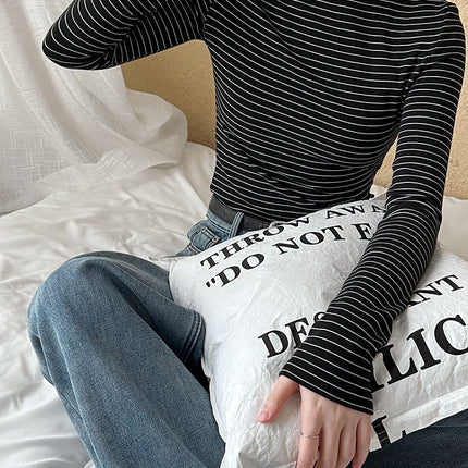 Lu Xi Half Turtleneck Stripesd Velvet Bottoming Shirt for Women 2025 Autumn and Winter New Style Inner Brushed Outer Top 2838
