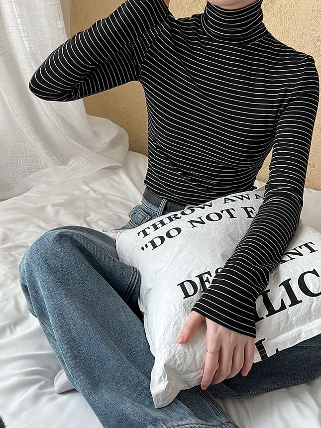 Lu Xi Half Turtleneck Stripesd Velvet Bottoming Shirt for Women 2025 Autumn and Winter New Style Inner Brushed Outer Top 2838