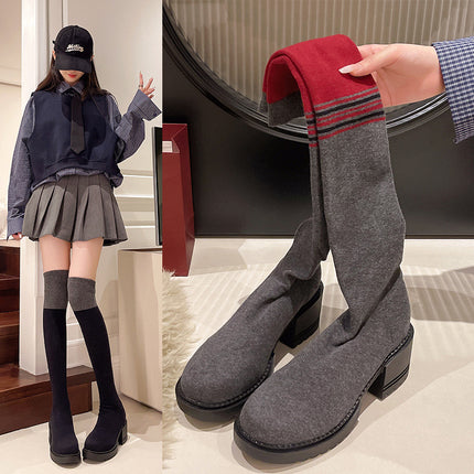 Over-The-Knee Boots for Women 2025 Autum New Internet Celebrity Slim Boots Medium Thick Heel Knitted Elastic Socks Boots Long Boots Large Size