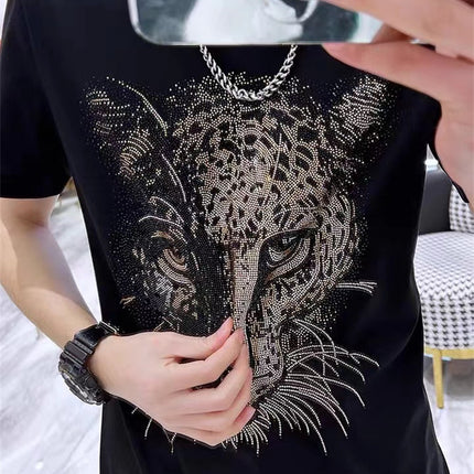 26 New Rhinestone Letter Leopard Head Personalized Cool Street Style Loose Unisex Short-Sleeve T-Shirt Plus Size Stylish