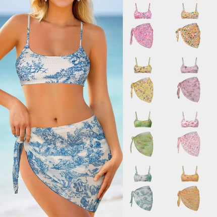 2024 European and American Split Bikini Three-Piece Cross-Border Amazon Sexy Floral Wrap Dress Beach Bikini Swimsuit