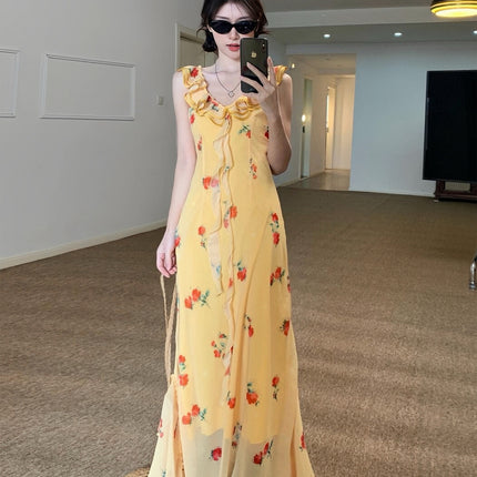 Summer French Style Dopamine Sweet Dress Dusk Rose Lace Yellow Floral Sling dress Fishtail Long Dress