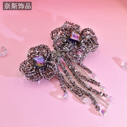 Ness NS68 Crystal Diamond Flower Tassel Hairpin Small Fashion Light Luxury Hair Accessories Gray High-end Simple Accessories