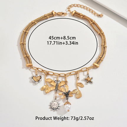 Cross-Border New Products European and American Style Fashion Butterfly Pearl Leaf Hu Flower Heart Chain Pendant Gold-Plated Wholesale Women