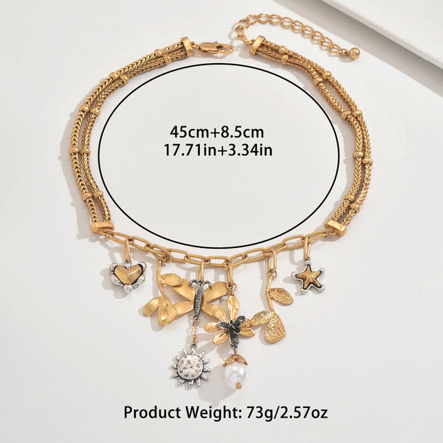 Cross-Border New Products European and American Style Fashion Butterfly Pearl Leaf Hu Flower Heart Chain Pendant Gold-Plated Wholesale Women