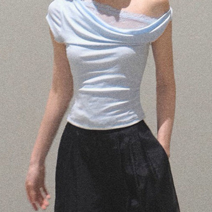 Oakmo/ "Season of Love" Pure Desire Slanted Shoulder Design Swing Collar Tencel Knitted Top T-Shirt