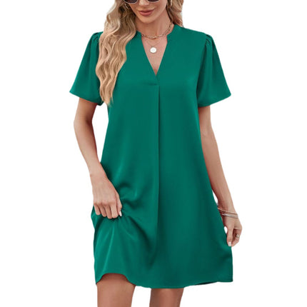 2025 Summer Cross-Border Amazon European and American New Satin Office Casual Loose Fashion V Neck Sexy Dress