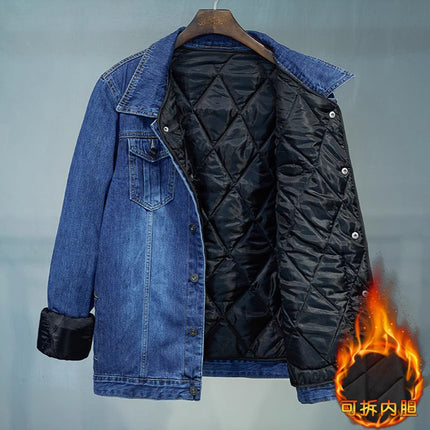 Tide and Fertilizer Extra Large Denim Coat fleece-lined Thickened plus size Men's Winter Jacket Warm Cotton-padded Fake Two-piece Top