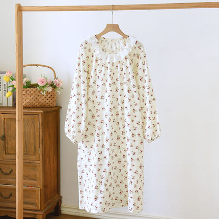 Women's Cotton Crepe Long Sleeve Lace Crewneck Nightdress Spring and Autumn Princess Style Seersucker Pajamas Outer Wear Home Dress