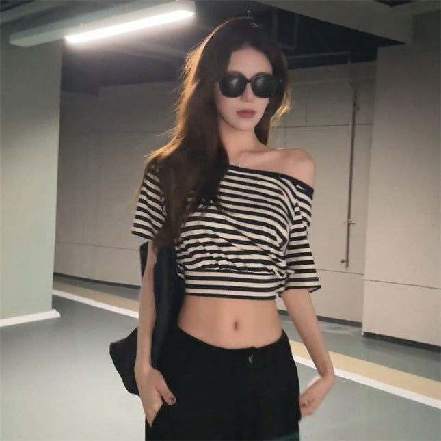 American Retro Style Asymmetrical Striped Short-Sleeve T-Shirt for Women, Summer 2025 New Korean Version, Casual Versatile Stylish Crop Top