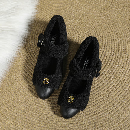 Small fleece-lined Warm Mao Mao Shoes Winter Outer Wear Inner Height Increase Mary Jane Women's Shoes Round Head Camellia Cotton Shoes Women