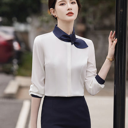 Professional Dress Long Sleeve White Shirt Women's 2024 Spring Temperament Women's Hotel Front Desk Jewelry Store Beautician Work Clothes