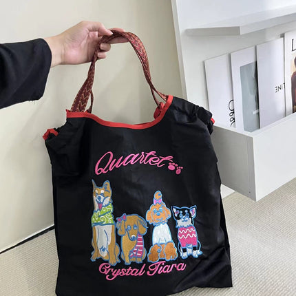 Japanese Style Cat Chai Dog Embroidered Eco-Friendly Cloth Bag Women's Large Capacity New Nylon Handbag Student's All-Match Shoulder Bag