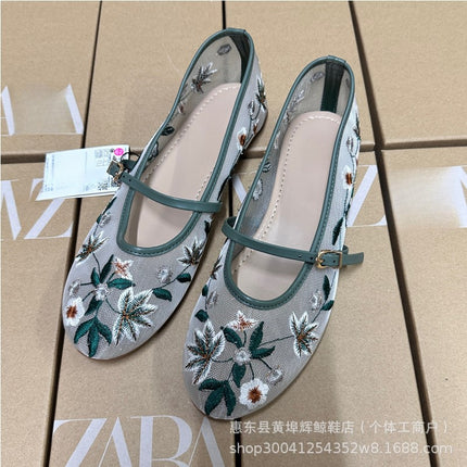 Za Spanish Round-Toe Mesh Green Floral Embroidered Mesh Fabric Ballet Flats Women's Shoes European and American Style