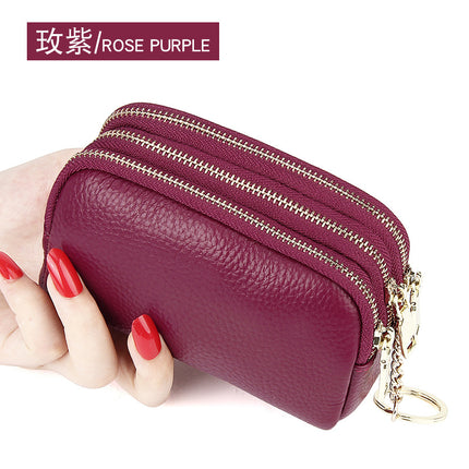European and American First-Layer Cowhide Simple and Fashionable Mini Clutch Bag Three-Zip Coin Bag Key Coin Purse Genuine Leather