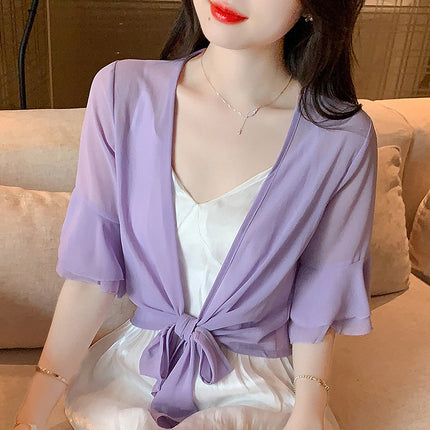2025 Summer Thin Small Shawl Short Jacket Women's Sun Protection Clothing Easiest for Match Short Small Waistoutwear Chiffon Cardigan Air Conditioning Shirt