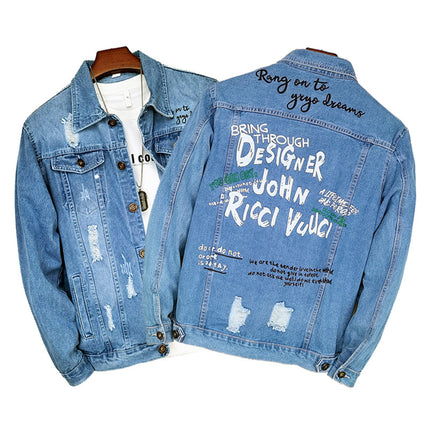 LAZADA New Foreign Trade Men's Jacket Spring and Autumn light blue Fashion Men's Slim-fit Printed Ripped Denim Jacket for Men