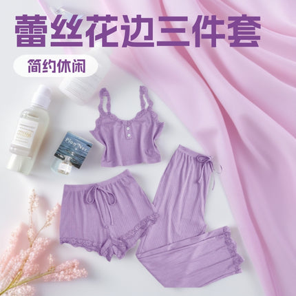 Lace Trim Three-Piece Set: Camisole, Shorts, Long Pants, Women's Slim-Fit Loungewear, Brushed Sleepwear