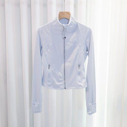 Spring and Summer Yoga Wear Stand Collar Jacket Short Silver Zipper Cardigan Jacket Slim Fit Elastic Slimming Yoga Wear Running