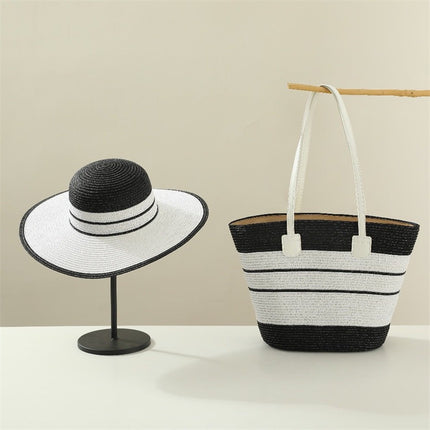 Foreign Trade Two-Piece Summer Straw Bag Set Large Brim Striped Straw Hat and Straw Bag Set Tote Handbag