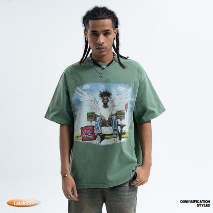 LawFoo American Street Washed Old Street Figure Printed Spring and Summer Loose Short-sleeved T-shirt Men's Top