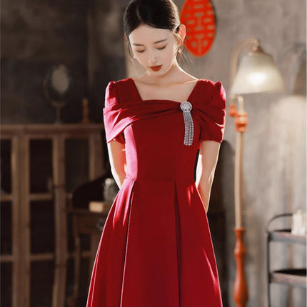 Toast Dress Bride Wedding Red High-end Engagement Mid-length Banquet Back Door Slimming High-end Autumn and Winter dress