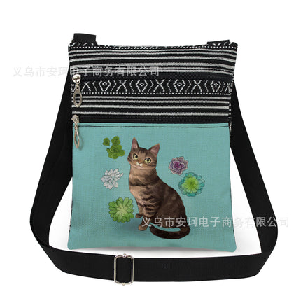 Cross-Border New Product Double Zipper Cat Print Single Shoulder Crossbody Bag Ultra-Light Cross-Border Style Messenger Bag Fashionable and Cute Women's Bag