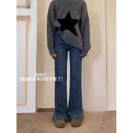 Blue Flared Jeans for Women 2025 Autumn Popular Plus Size Pear-Shaped Figure Slimming Non-Stick Wide-Leg Pants