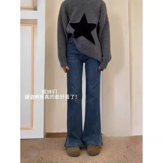 Blue Flared Jeans for Women 2025 Autumn Popular Plus Size Pear-Shaped Figure Slimming Non-Stick Wide-Leg Pants