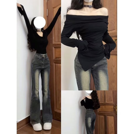 Black High-Waist Micro-Raise Jeans Women's Trendy All-Match New Slim-Fit Hip Slimming Stretch Horseshoe Pants