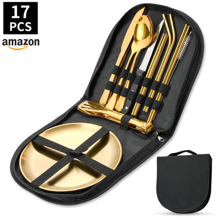 Amazon Outdoor Stainless Steel Tableware Steak Knife and Fork Spoon Barbecue Clip Plate 10-piece Travel Camping Set