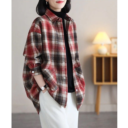 Vintage Plaid Coat Shirt Women's Loose Fashion Western Style Slim fleece-lined Thickened Scrub Lapel Cardigan Top