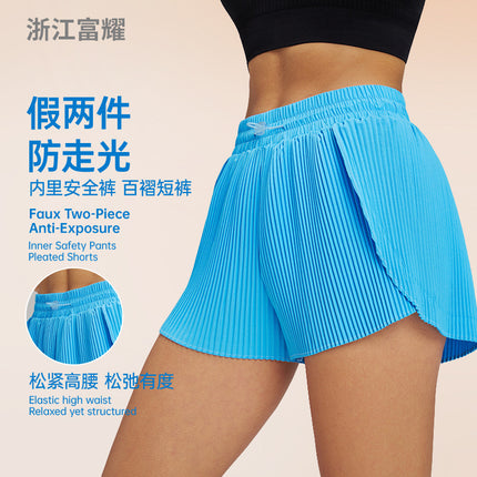 Sports Outdoor Fitness Yoga Two-Piece Pleated Skirt Pants with Lining Pockets Quick-Dry Three-Quarter Shorts Loose Shorts for Women