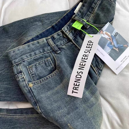 Vintage Distressed High-Waisted Flared Jeans for Petite Women, Loose Straight-Leg Slimming Wide-Leg Floor-Length Pants